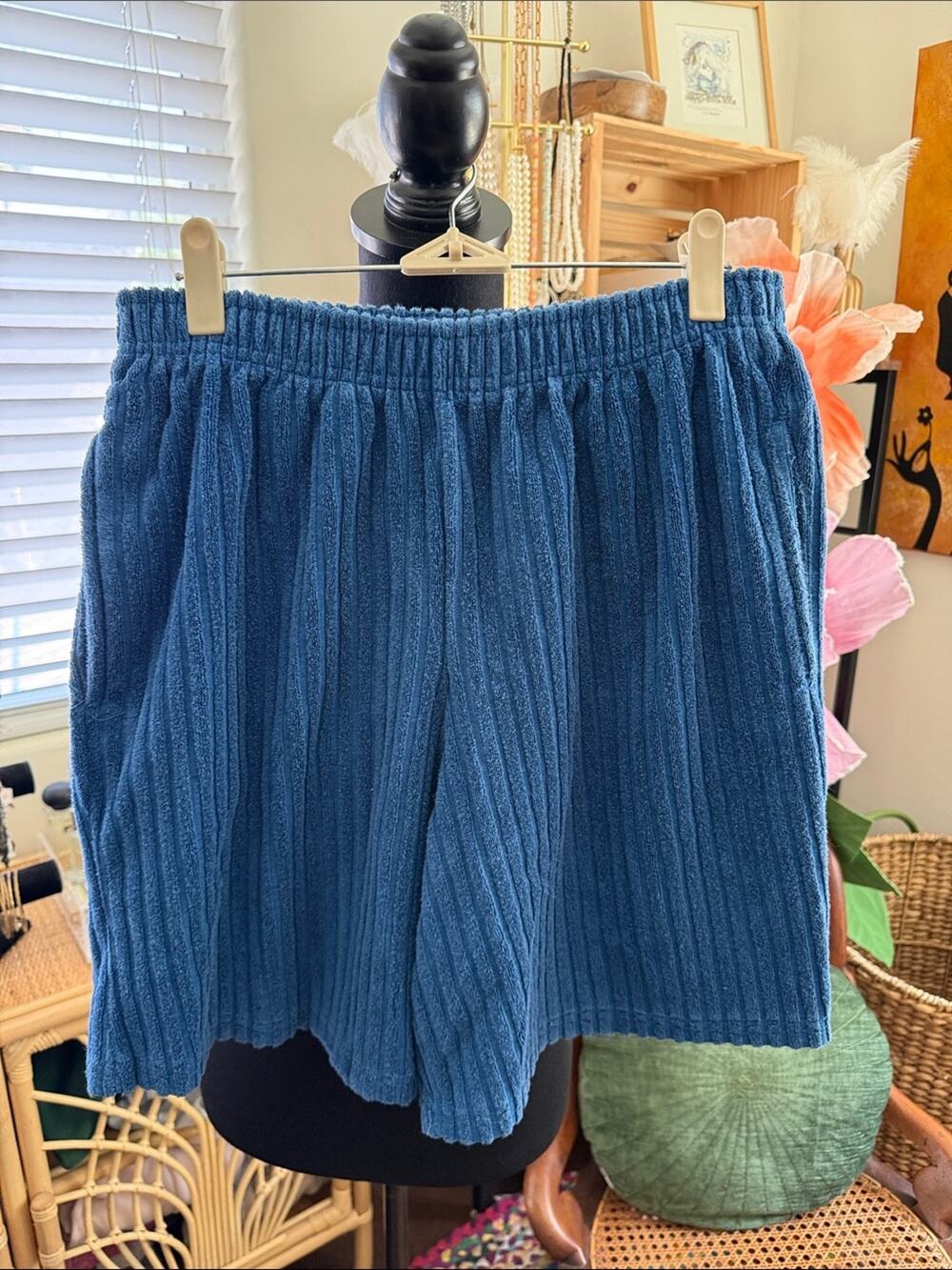 Vintage Baja Blue Corduroy Terry Elastic Waist Beach Pool Resort Surfer Shorts